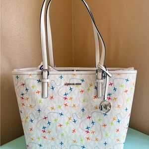 Michael Kors White Tote with Colorful Airplane Design
